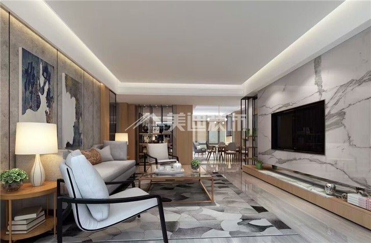 潤和紫郡112平港式現(xiàn)代風裝修案例圖—客廳