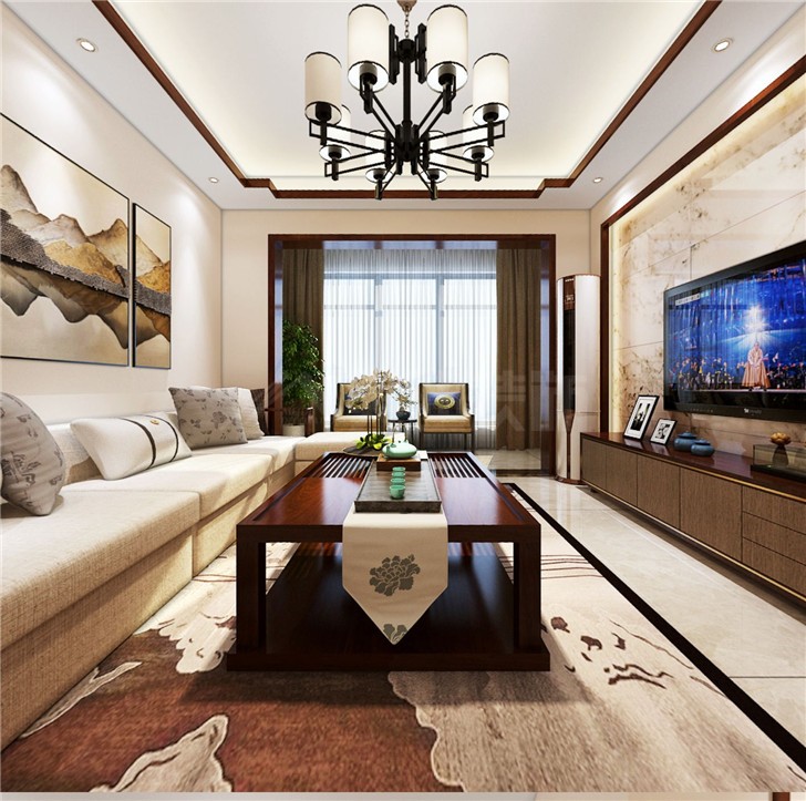 萬國城105平新中式風裝修案例圖—客廳